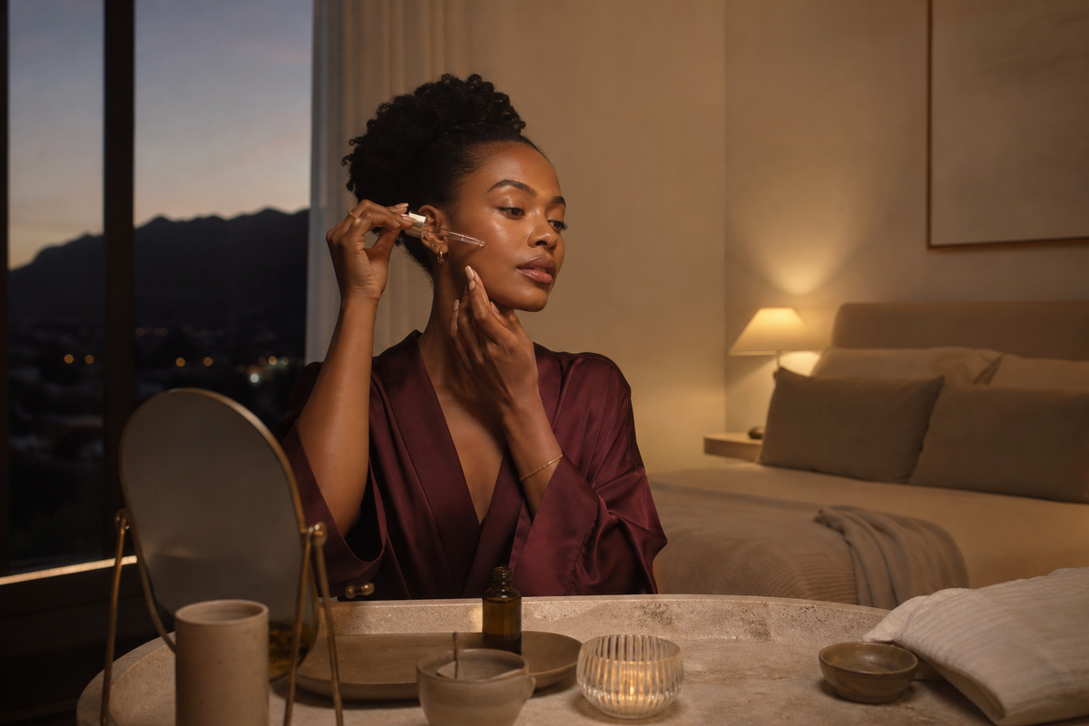 Woman applying an unbranded facial serum during a warm evening skincare ritual at home