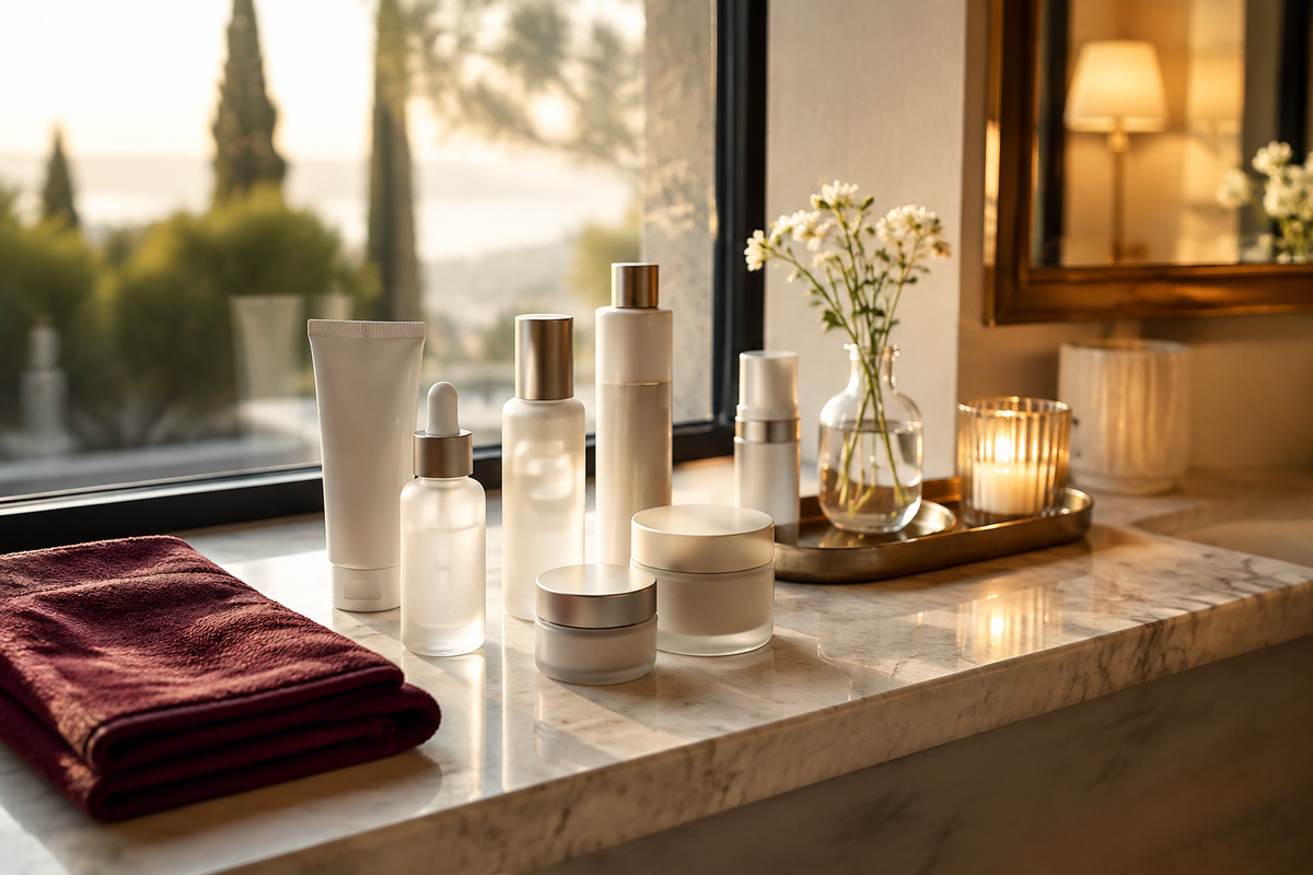 Unbranded skincare essentials arranged in routine order on warm ivory stone with burgundy details