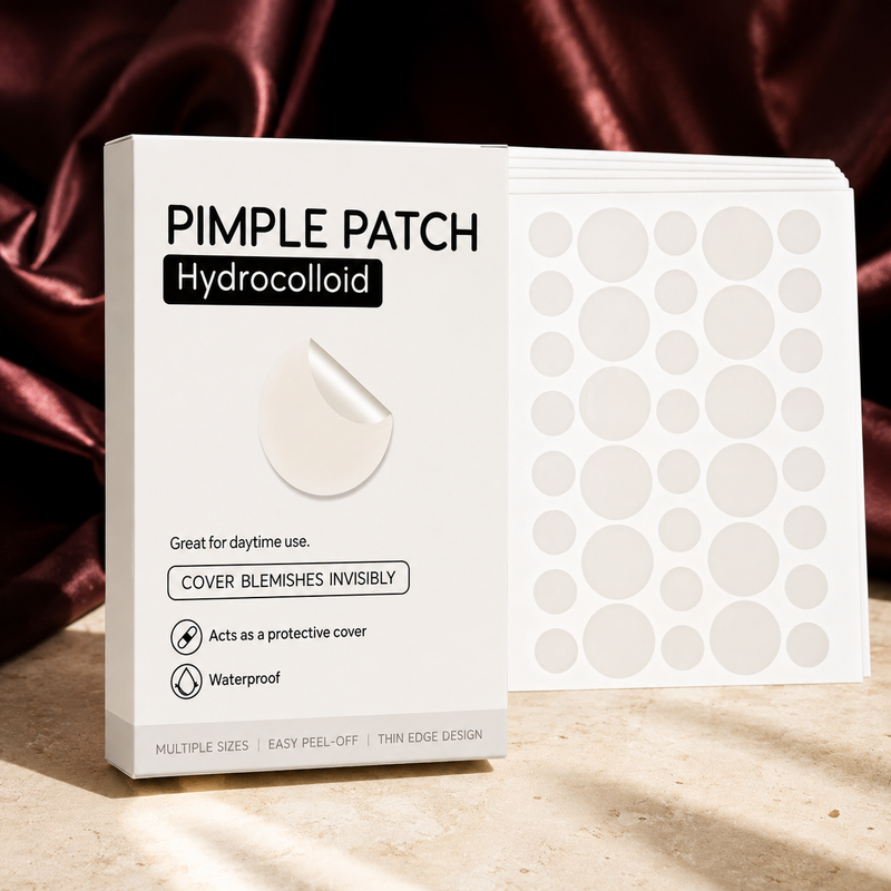 Barely There Hydrocolloid Spot Patches on ivory stone with burgundy fabric