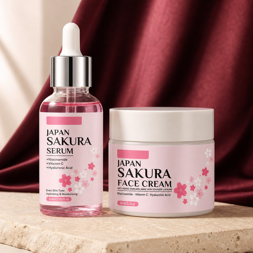Blossom Ritual Facial Serum & Cream Duo on ivory stone with burgundy fabric