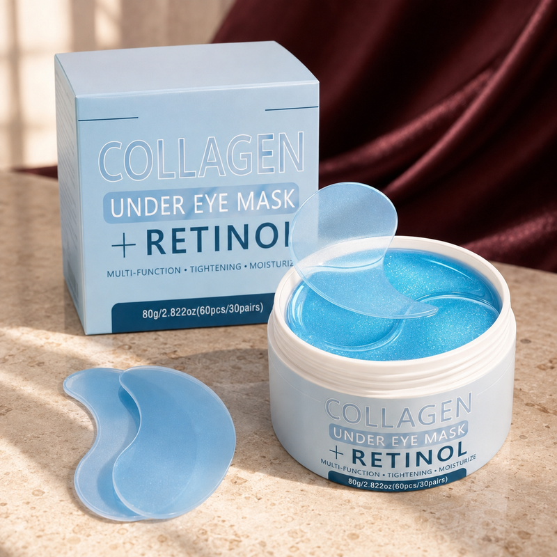 Blue Hour Collagen & Retinol Eye Patches on ivory stone with burgundy fabric