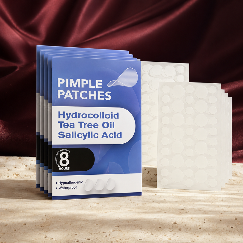 Clear Cover Hydrocolloid Spot Patches on ivory stone with burgundy fabric