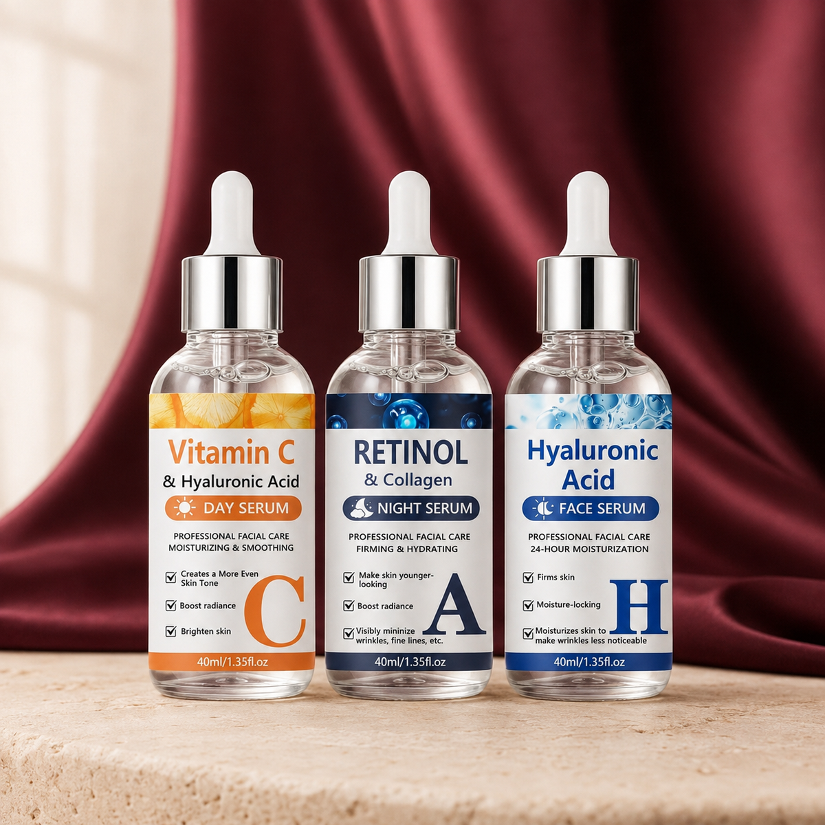 Day to Night Facial Serum Trio on ivory stone with burgundy fabric