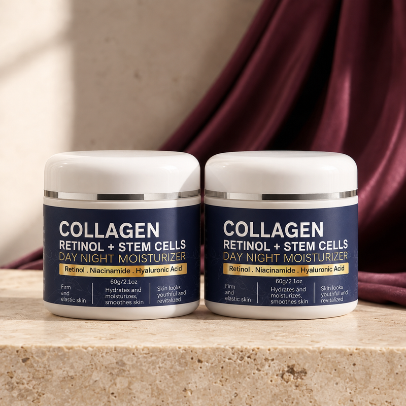 Night Ritual Retinol & Collagen Cream Duo on ivory stone with burgundy fabric