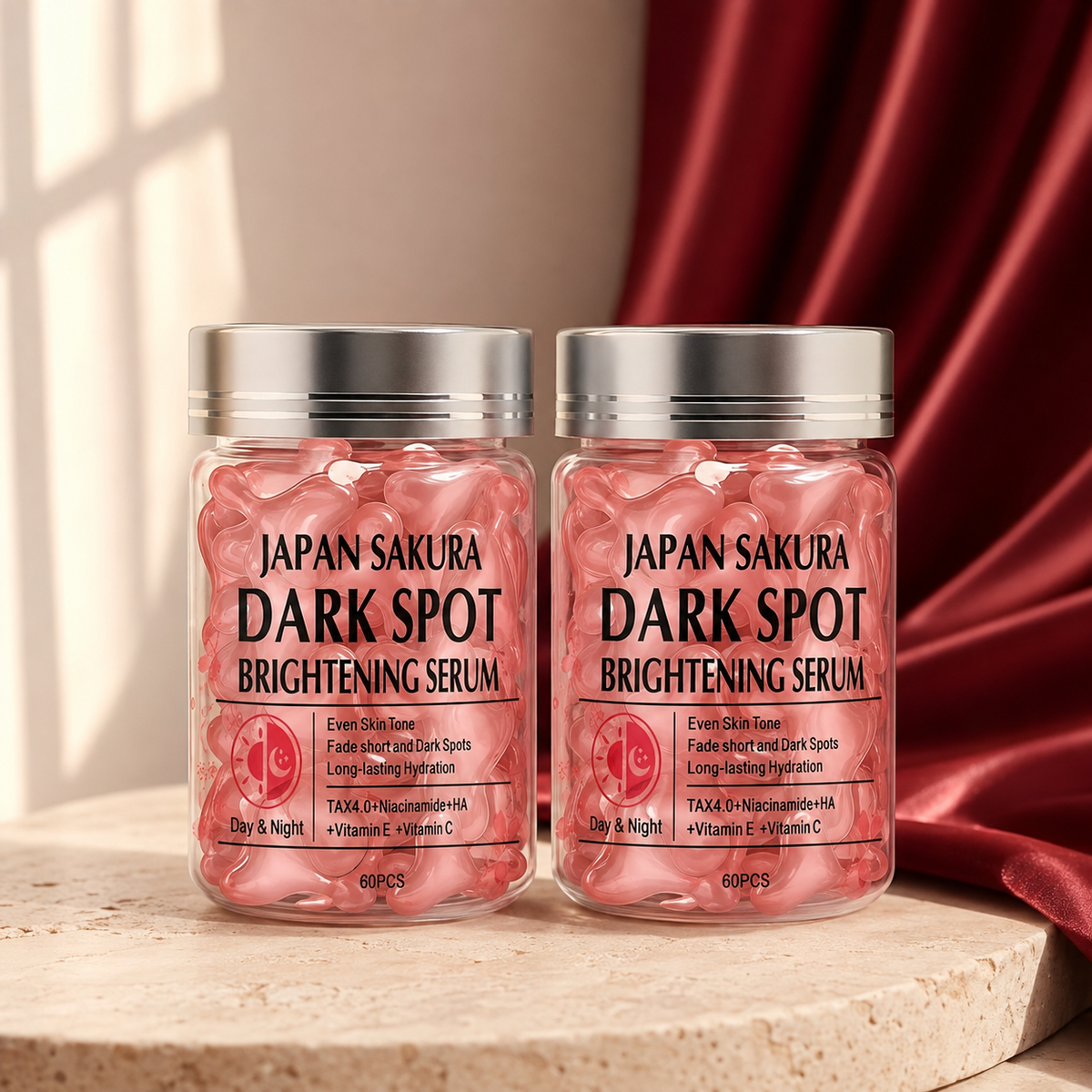 Petal Dew Facial Serum Capsules on ivory stone with burgundy fabric