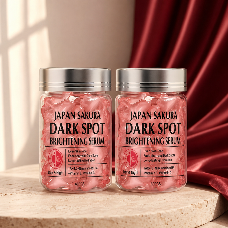 Petal Dew Facial Serum Capsules on ivory stone with burgundy fabric
