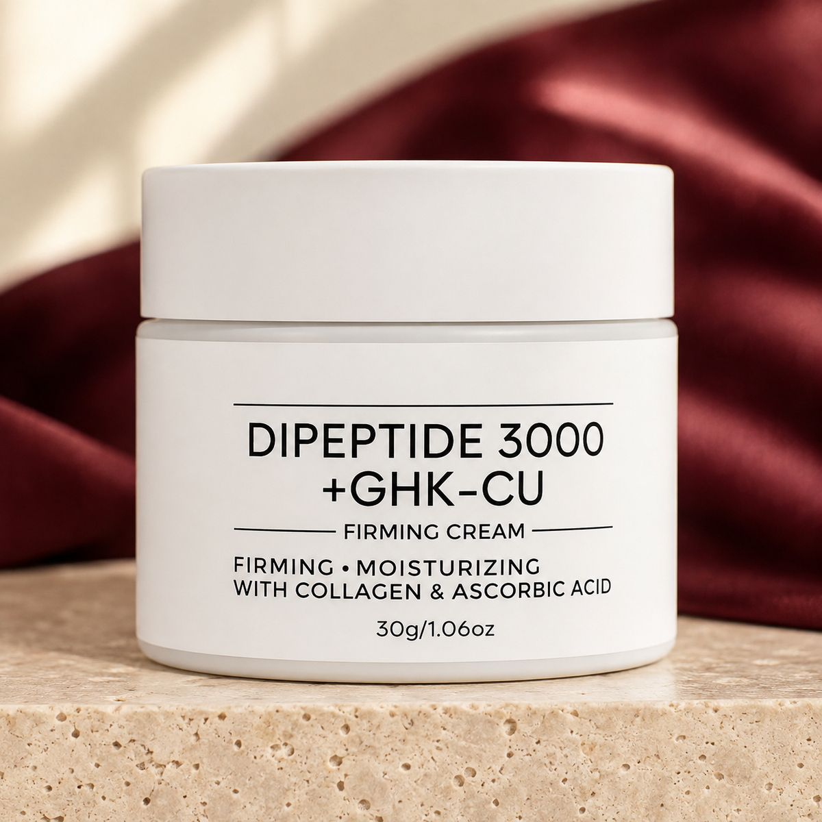 Soft Balance Peptide Facial Cream on ivory stone with burgundy fabric
