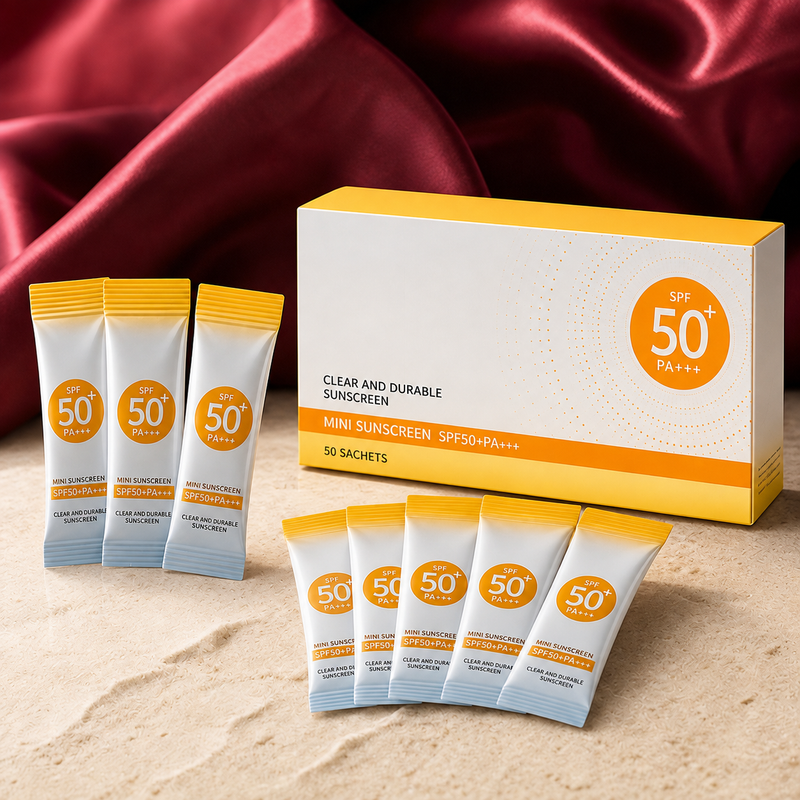 Sun Companion Sunscreen Sachets on ivory stone with burgundy fabric